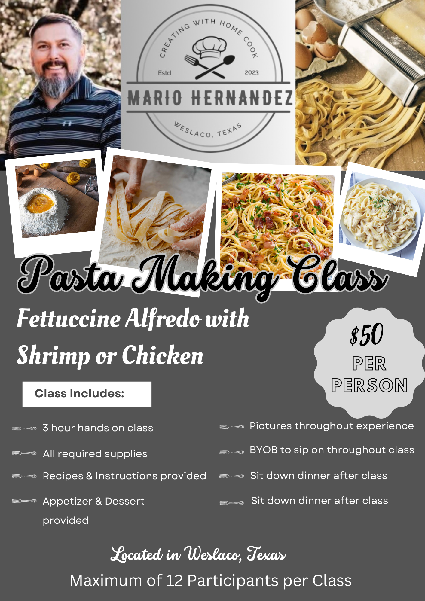 Friday, June 5, 2026 7-10 PM- Fettuccine Alfredo Class