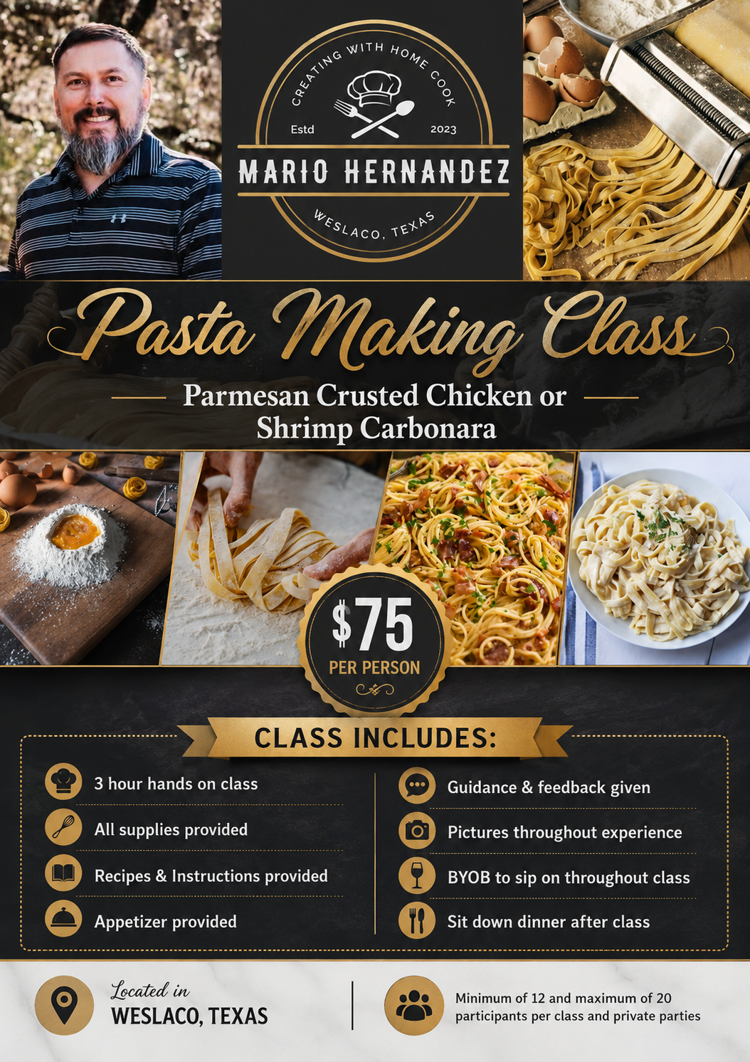 Saturday, September 26, 2026 at 5-8 PM Parmesan Crusted Chicken or Shrimp Carbonara